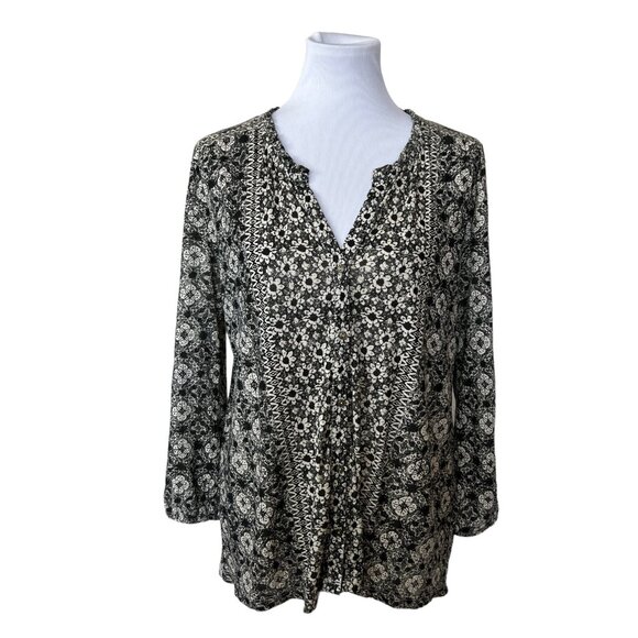 Lucky Brand Black Cream Long Sleeve Floral Boho Blouse M Medium Split V-Neck - Picture 1 of 5